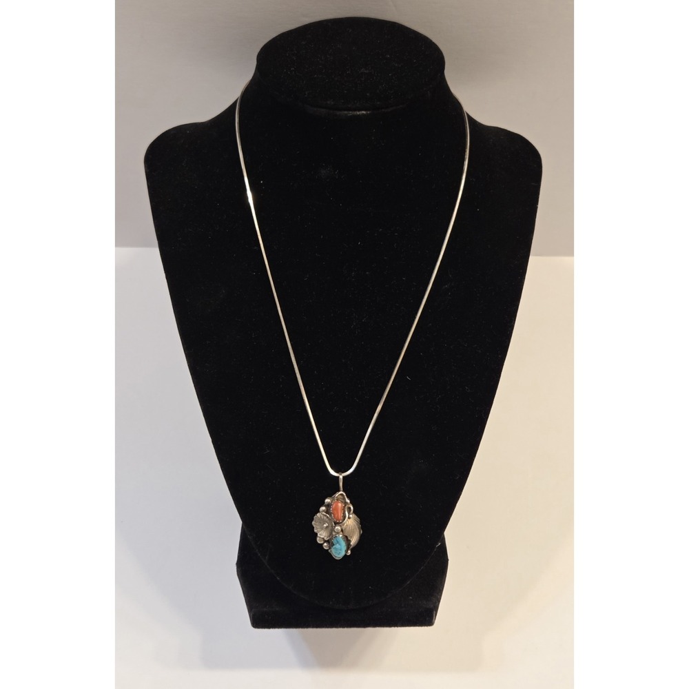 Vintage Navajo‎ Sterling Turquoise Coral Signed Pendant 18" Square Snake Braid